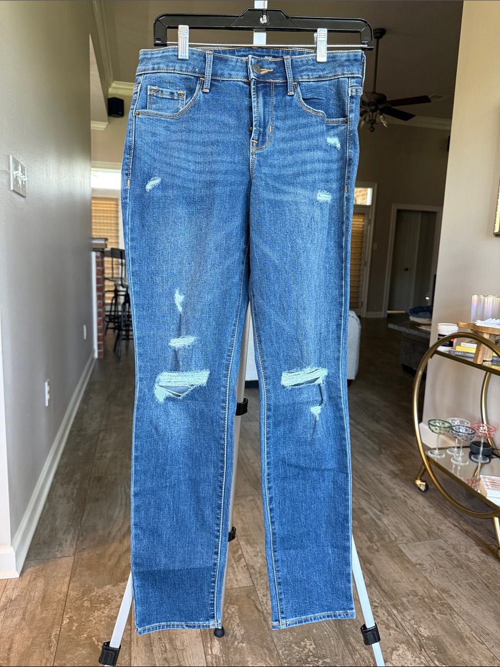 Old Navy Blue Distressed Mid-Rise Power Slim Straight-Leg Jeans